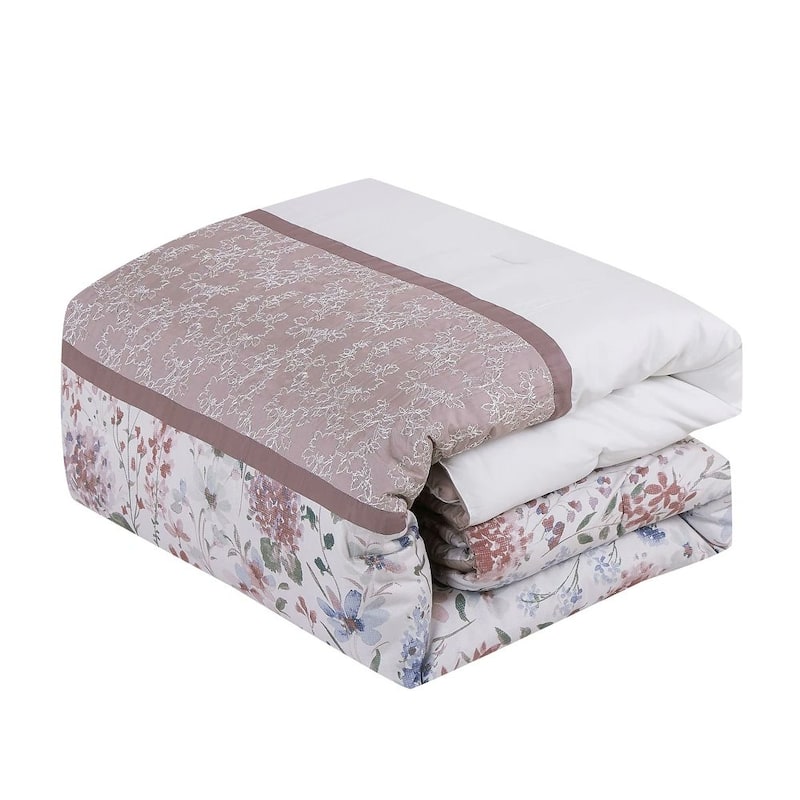 7 Piece Pink Floral Comforter Set Embroidery Soft Bedding