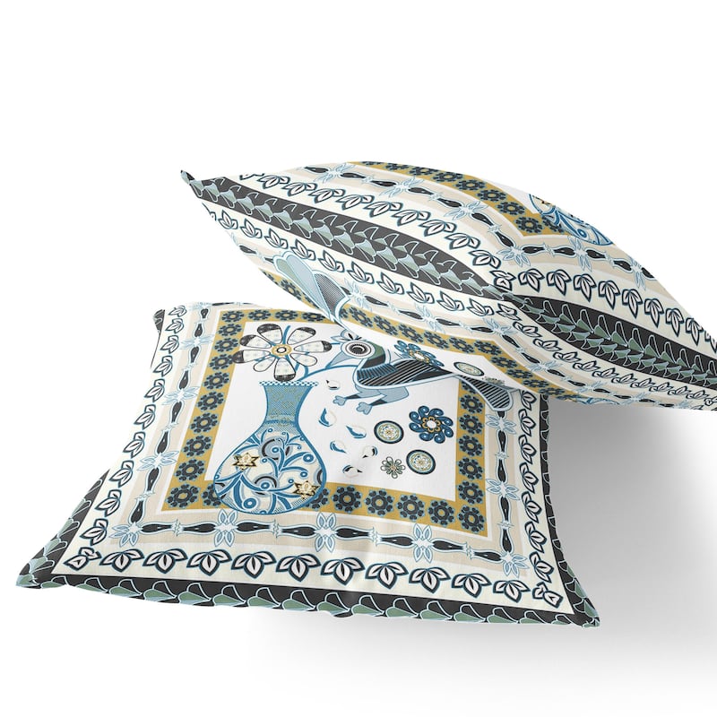 HomeRoots Set of Two 16" X 16" Black and White Peacock Blown Seam Floral Indoor Outdoor Throw Pillow - 16.00' X '16.00' X '5.00