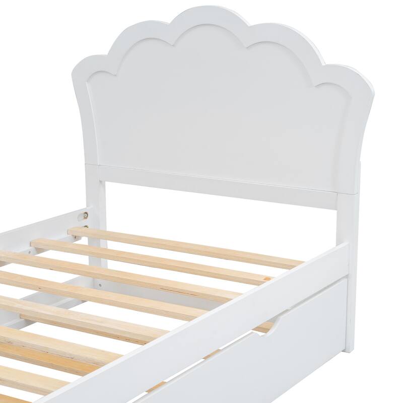 White Twin Size Wood Platform Bed with Headboard and Trundle, No Box Spring Needed