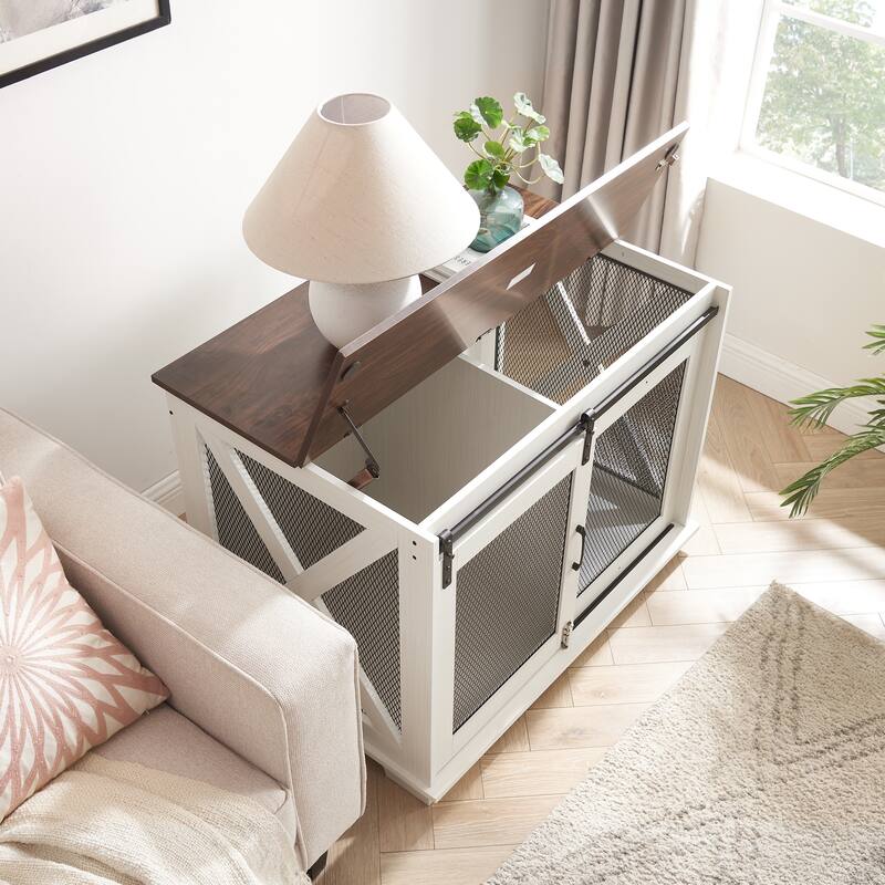 Flip-Top Plate Dog House Dog Cage Crate Furniture with Sliding Barn Door, Dog Kennel End Table with Detachable Divider