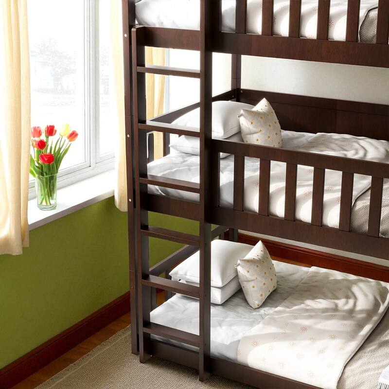 Twin over Twin over Twin Triple Bunk Bed, Solid Rubber Wood Detachable Bunk Frame with Ladders and Guardrails