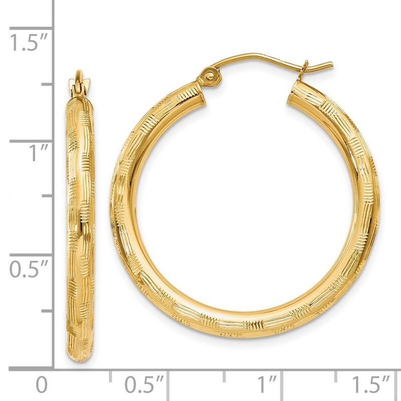 Curata 14k Yellow Gold Textured Checkerboard 30x3mm Hoop Earrings