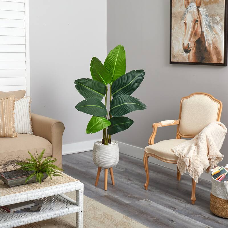 Artificial Palm Tree 5ft Coastal Decor White Planter Indoor Outdoor Accent - Green - 51-60 Inches