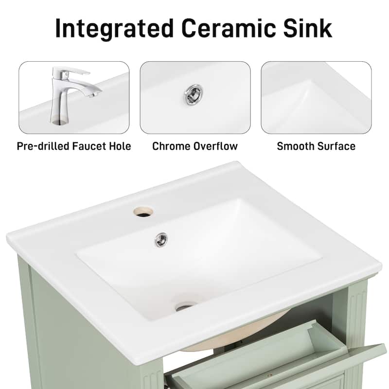 20" Bathroom Vanity with Sink, Solid Wood Legs, Adjustable Shelf, Tilt-Out Drawer, Zinc Alloy Knobs