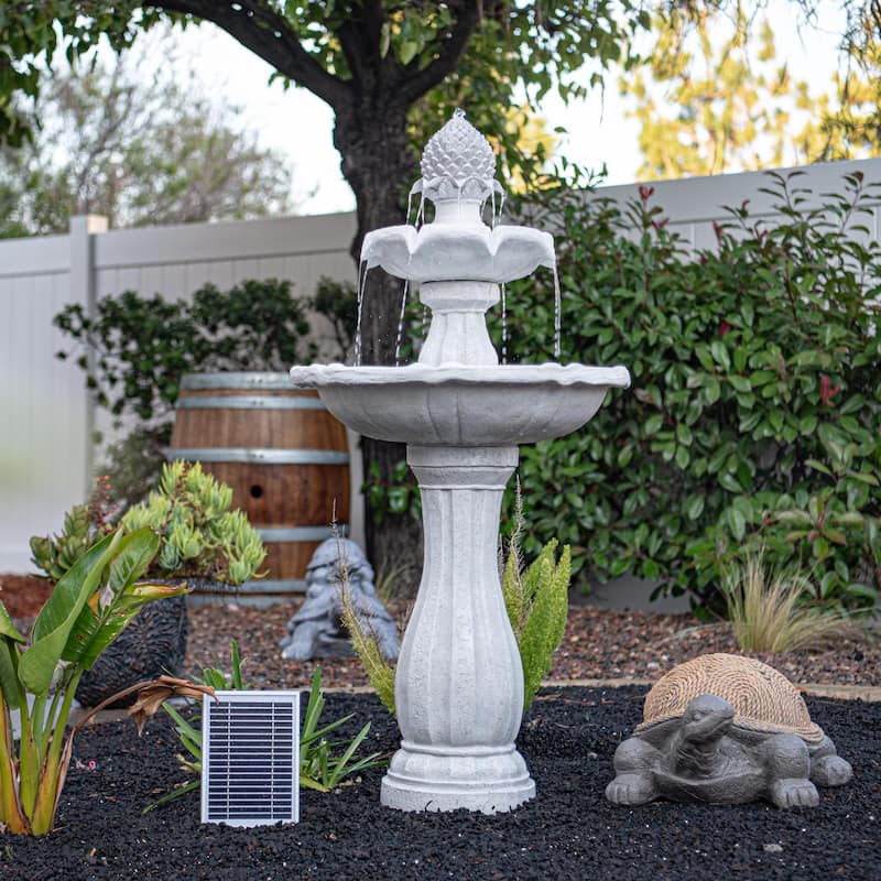 XBrand 44" H Fiberglass/Resin 2-Tier Solar Water Fountain w/ Solar Panel and Auto-Shut Off Pump, Solar Garden Fountain