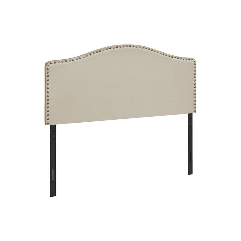 Full Size Upholstered Headboard with Beige Linen Look and Chrome Trim