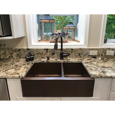 33-in Hammered Copper Apron Front 60/40 Double Basin Kitchen Sink (KA60DB33229)