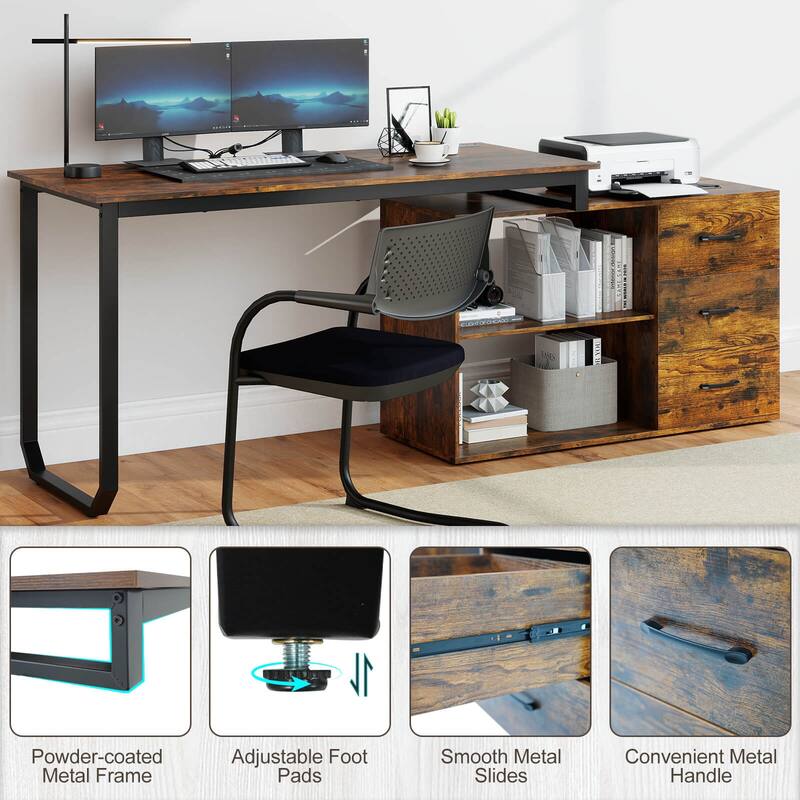 Costway L-Shaped Desk with Power Outlet 55" Reversible Computer Desk