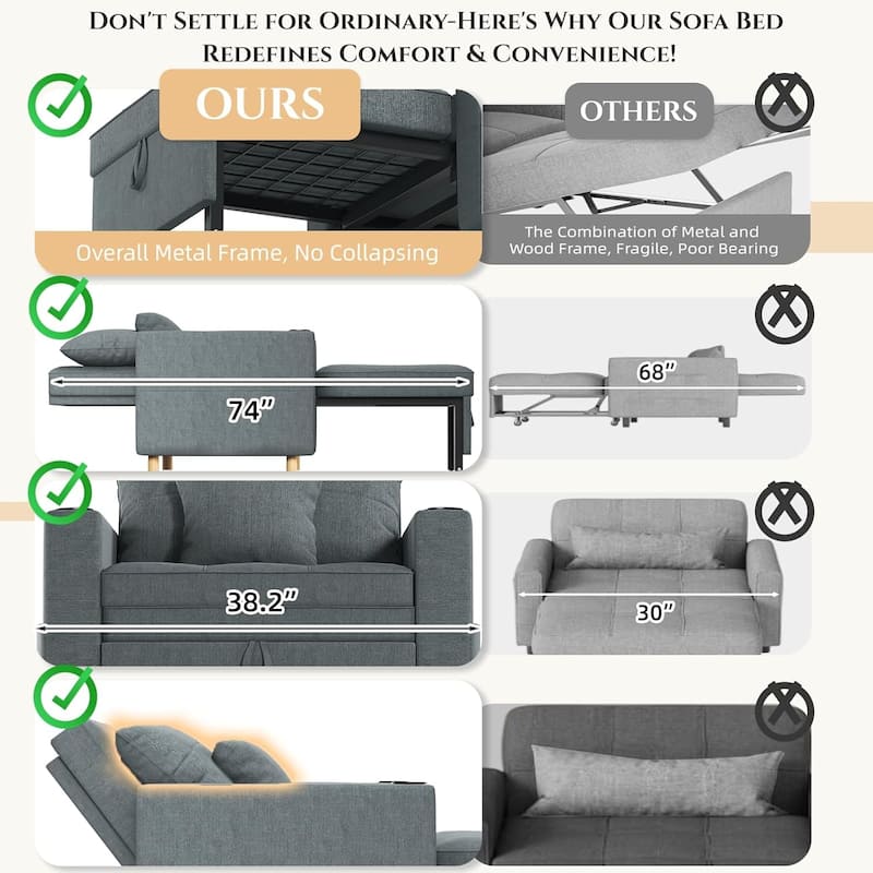 AECOJOY Sleeper Chair Extra Wide Convertible Chair Bed 3-in-1 Pull Out Single Sofa