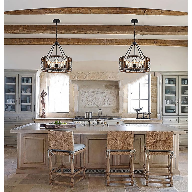 5 Light bulb chandelier black and brown wood kitchen island light metal pendant light