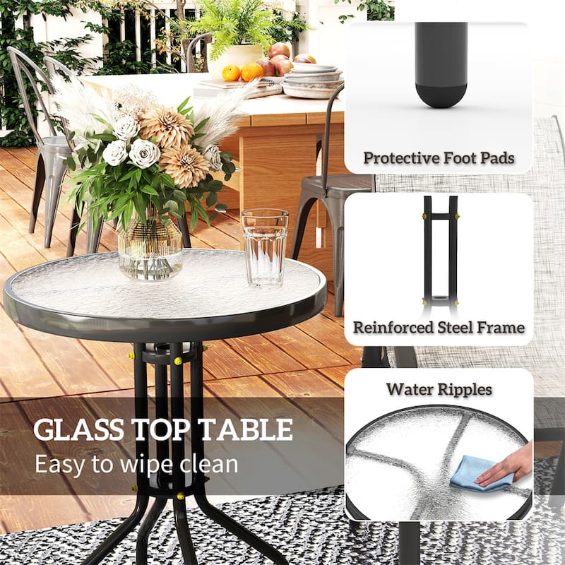 Grey and Black Small Patio Furniture Set with 2 Armchairs and Round Tempered Glass Table - 21.3" W x 28" D x 36.6" H