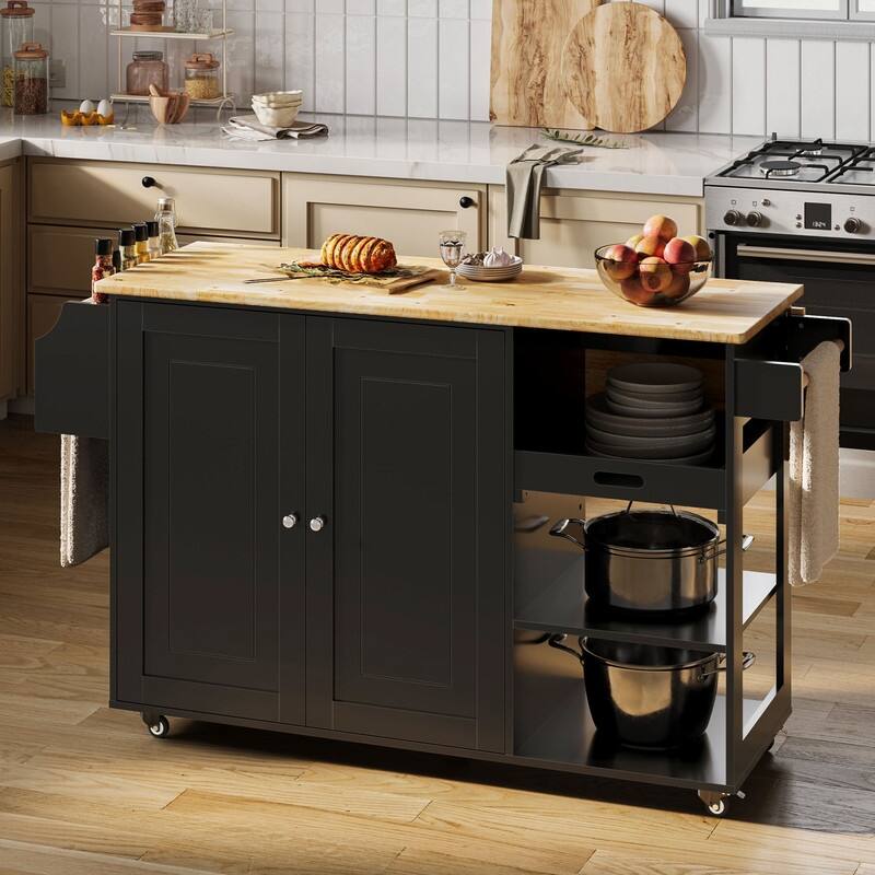 Kitchen Island Cart, Kitchen Island Rolling Trolley Cart with Adjustable Storage Cabinet - Black