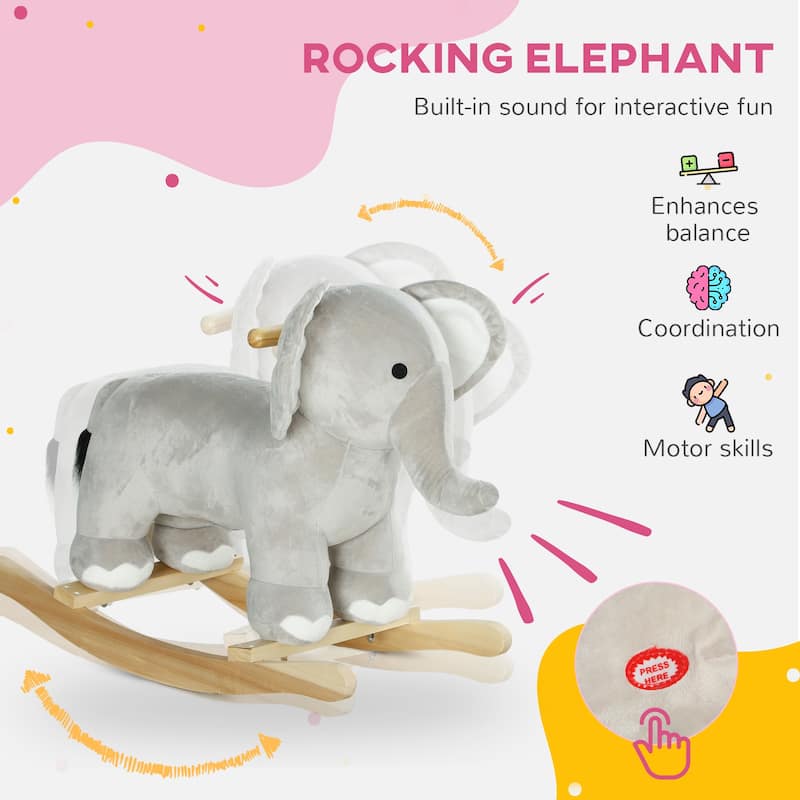 Rocking Horse, Kids Rocking Animal, Elephant Rocker with Realistic Sounds, Plush Ride on Toy for Years 2-4, Gray