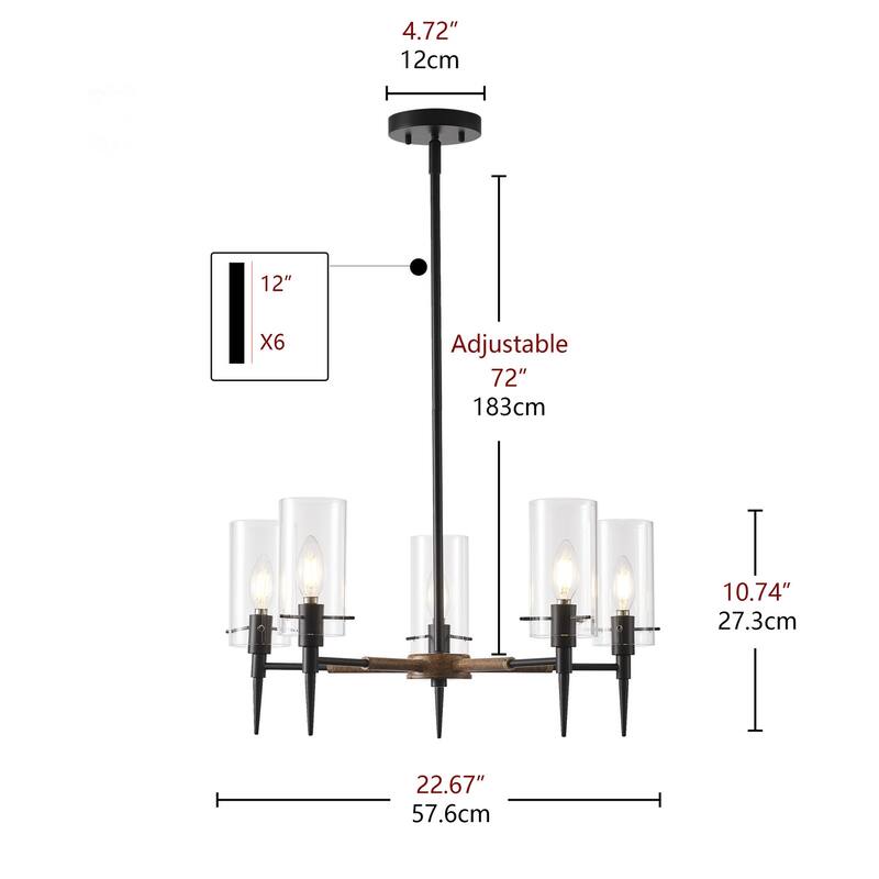 Farmhouse Rustic 5-Light Over Table Chandelier with Clear Glass Shades