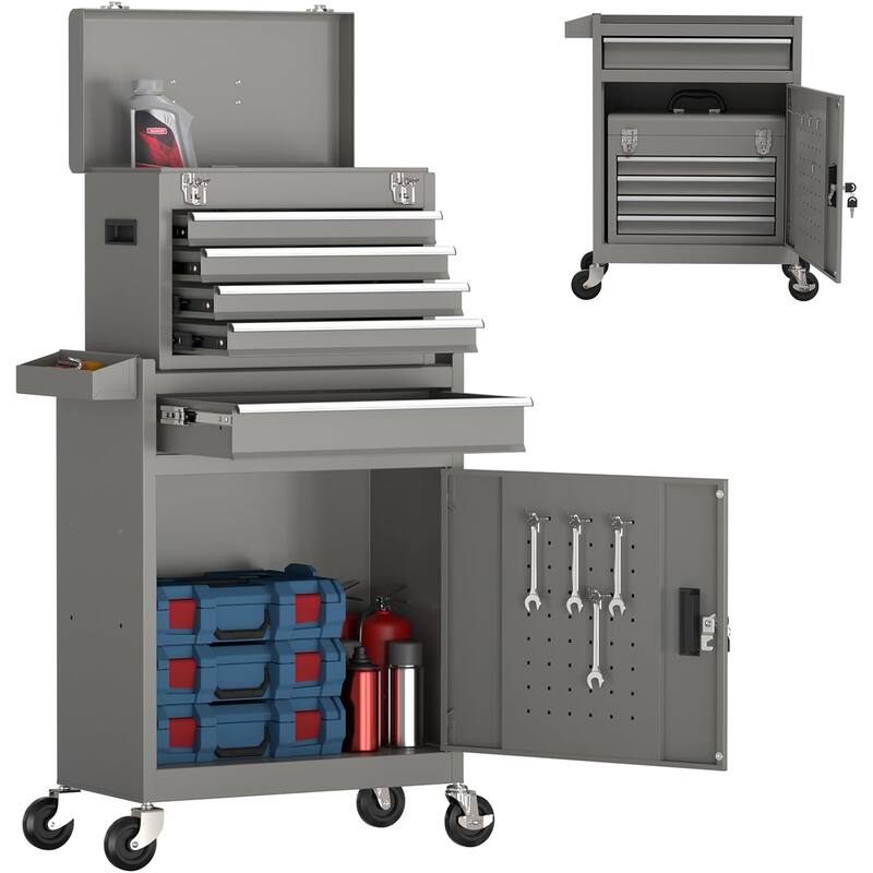 5-Drawer Rolling Tool Chest Storage Cabinet with Lock Tool Box - Grey
