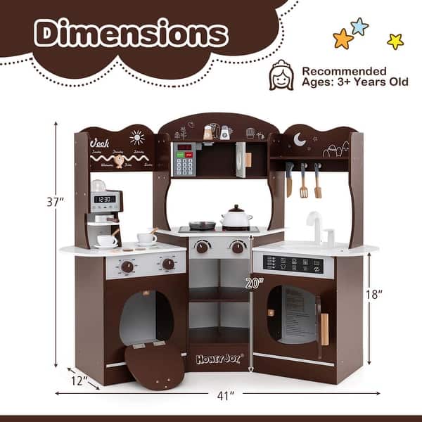dimension image slide 1 of 2, Corner Play Kitchen Wooden Kids Kitchen Playset w/Lights & Sound