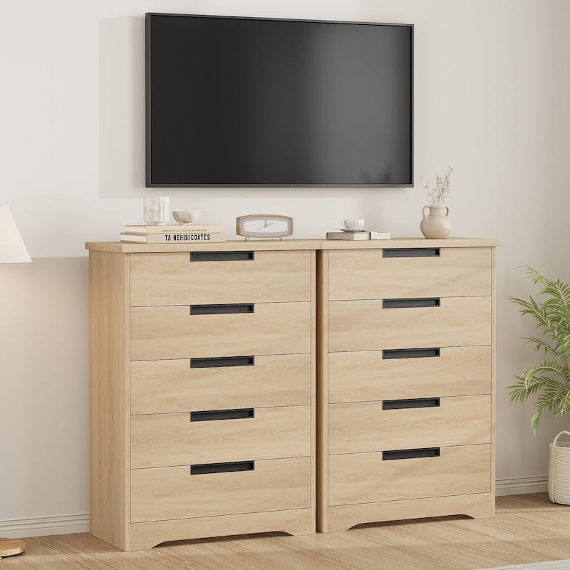 5 Drawer Dresser for Bedroom, Natural Chest of Drawers with Embedded Handles, Wooden Dresser Organizer