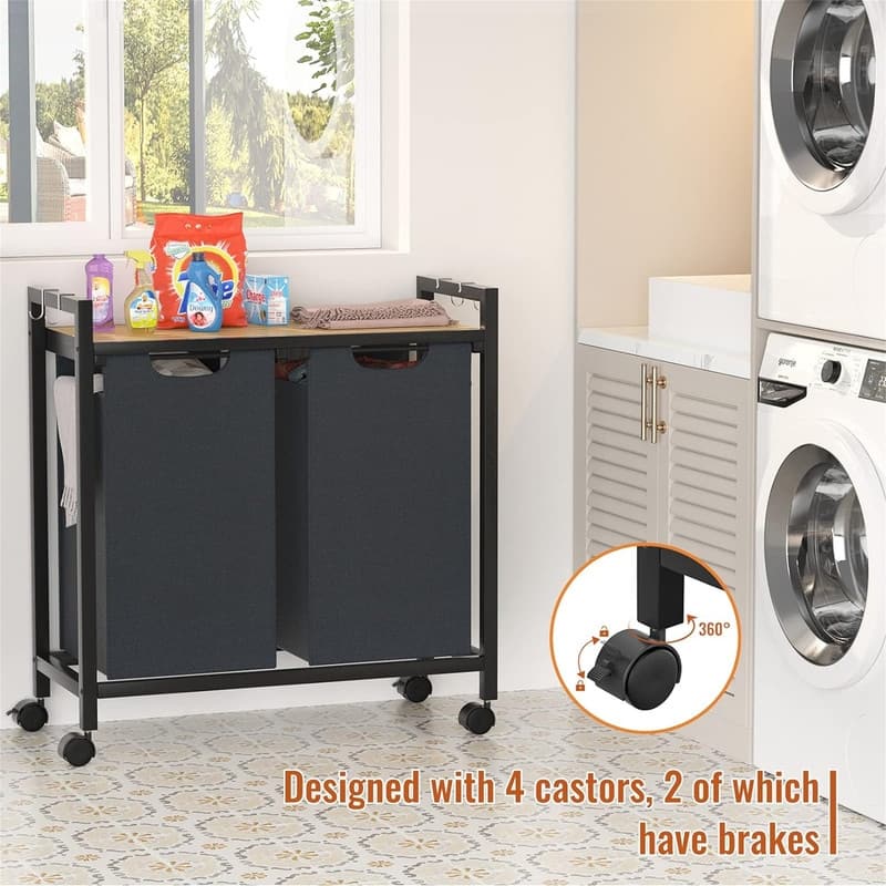 Pull Out Laundry Hamper with Wheels and Bamboo Shelf - 28.74"L x 12.99"W x 36.22"H