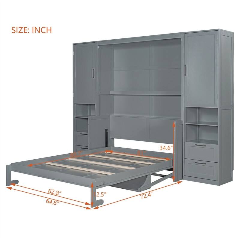 Queen Size Murphy Bed Wall Bed with 2 Wardrobes and 4 Storage Drawers, Foldable Murphy Cabinet Bed w/Open Storage Shelves& Stool