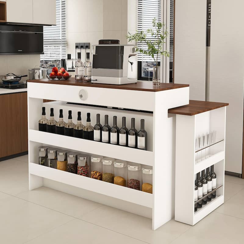 Anmytek Expandable Kitchen Island with Dining Table and Charging Station 3 Mode Multifunctional Rolling Cart