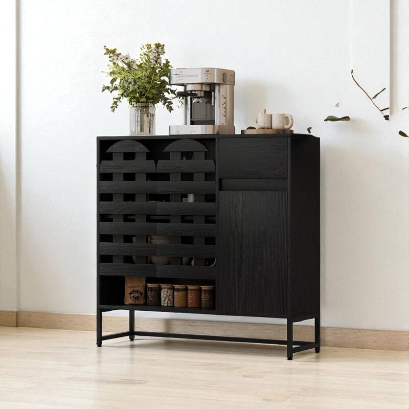 Rustic 44" Coffee Bar Cabinet with Storage, Farmhouse Buffet Console Table with Drawer and Arched Metal Lattice Doors