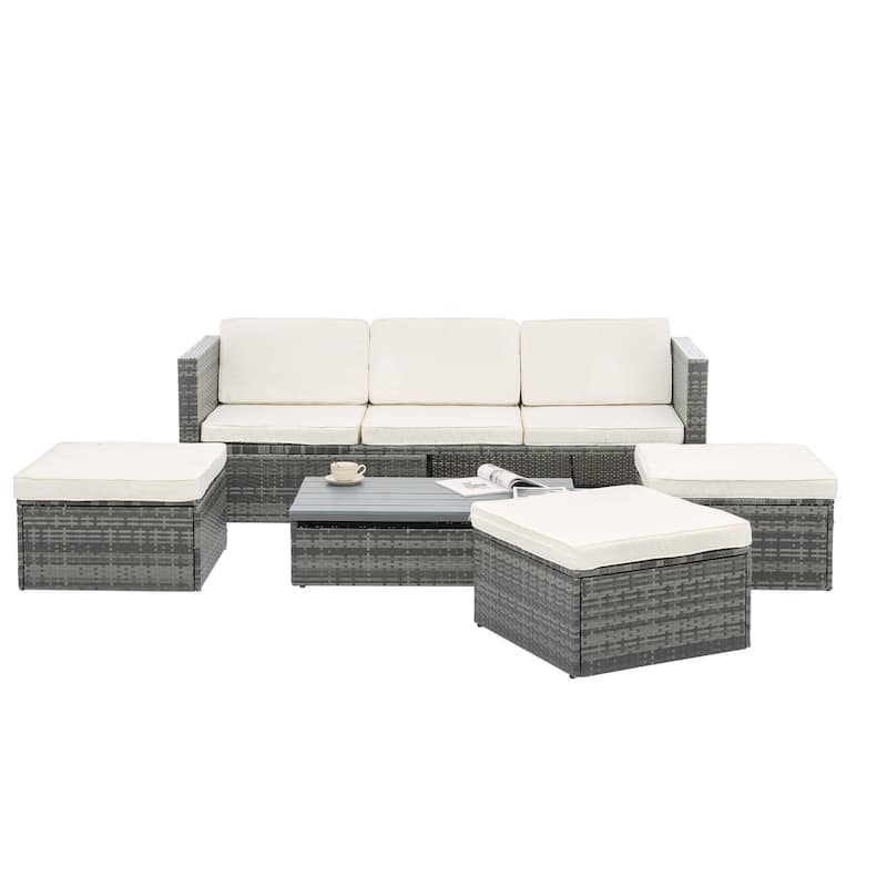 5 Pieces PE Wicker Outdoor Sectional Sofa Set with Lift-Top Coffee Table