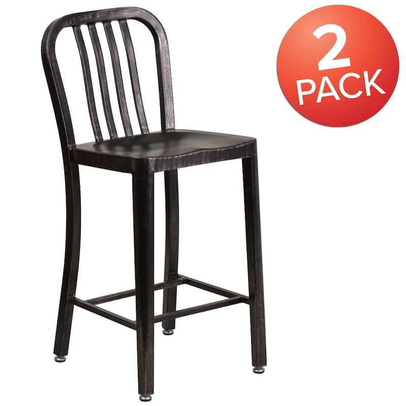 2 Pack 24'' High Metal Indoor-Outdoor Counter Height Stool w/ Vertical Slat Back