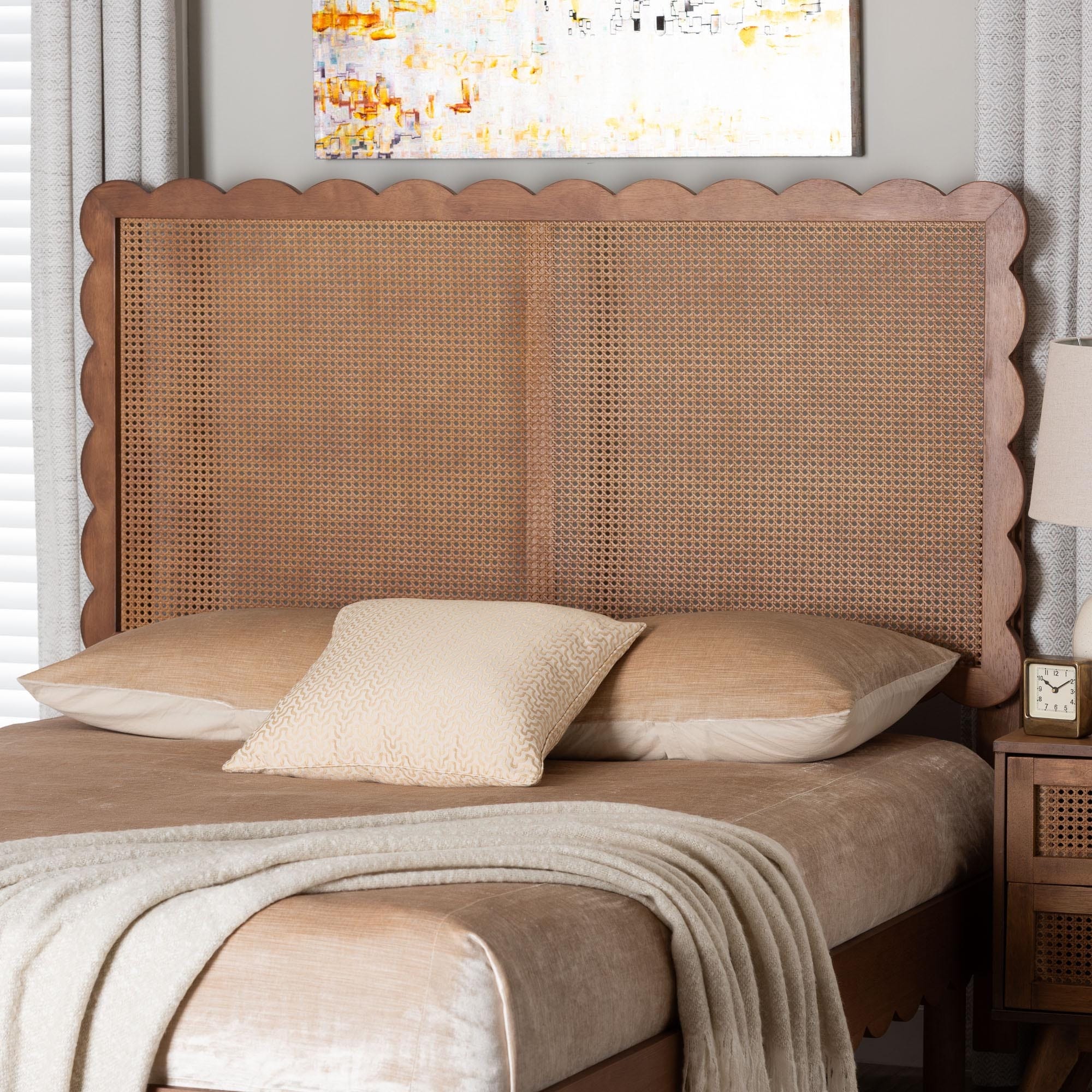Orianthe Scalloped Headboard - Boho Chic Bed Backrest with Cane Woven Panel, Modern Minimalist Bedroom Décor, Queen Size