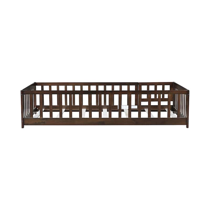Twin Size Floor Bed With Fence And Door,Rubber Wood Floor Bed With Safety Guardrails