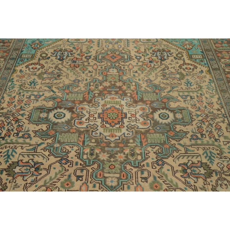 Hand Knotted Oriental 100% Wool Carpet Traditional Floral Beige & Ivories Tabriz Area Rug - 9' 2'' X 6' 5''