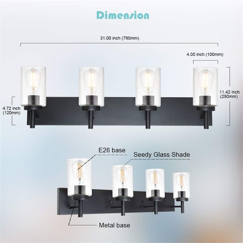 4-Light Black Vanity Light with Seeded Glass Shades