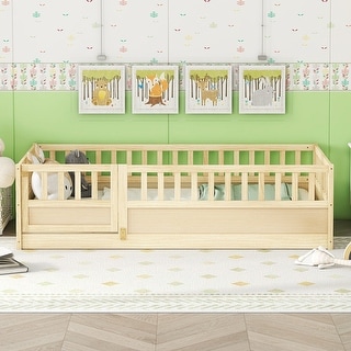 Natural Wood Twin Size Pine Wood Floor Bed, Integral Construction with Super High Security Barrier, Door