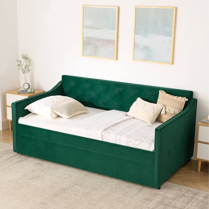 Twin Upholstered Daybed with Pop-Up Trundle & USB Charging Ports