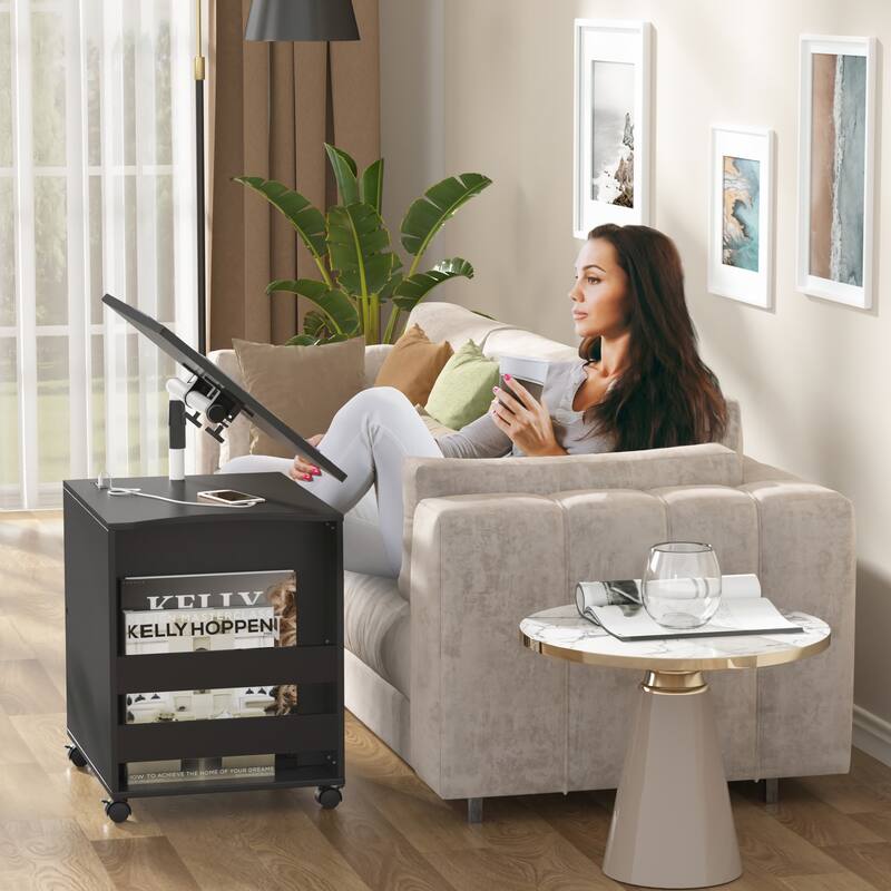 Furniwell Nightstand with LED, Type C USB Port, Removable Side Table, Modern Night Table - Black