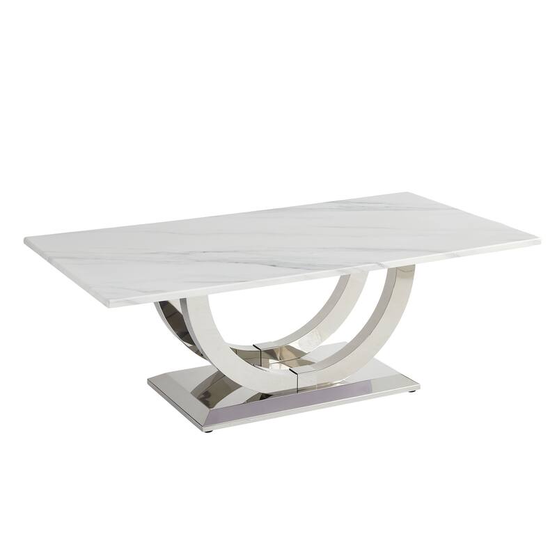 50.4 Inch Modern Rectangular Coffee Table,Marble Pattern MDF Top, Silver Stainless Steel Base.