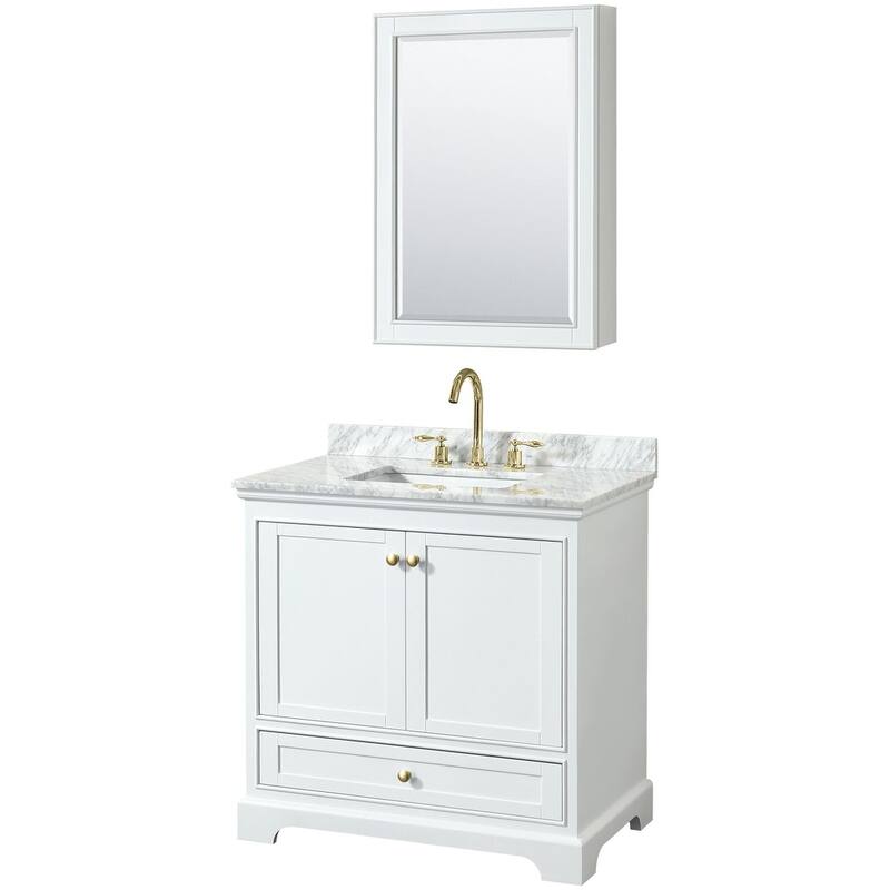 Wyndham Collection Deborah 36" Free Standing Single Vanity Set with - White / White Carrara Marble Top / Brushed Gold - Painted