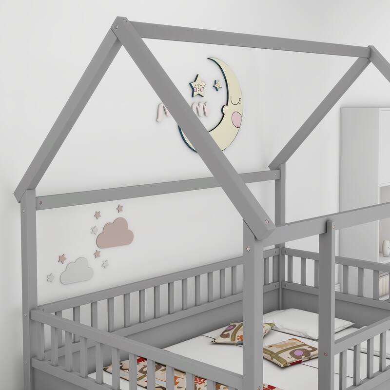 Pine Wood Floor Bed with House Roof Frame, Fence Guardrails for Kids, Boys and Girls