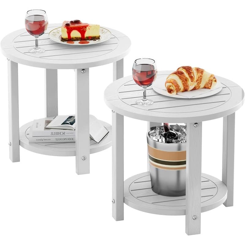 WINSOON Outdoor Side Table for Patio 16in HIPS Small Round Outdoor End Table - 2-Tier - Whitex2