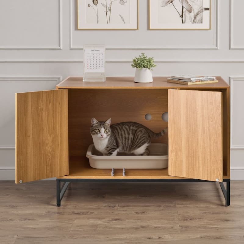 Natural Wooden Cat Litter Box Cabinet with Doors and Odor Control for Home Storage - 31.50 x 20.08 x 22.36 in