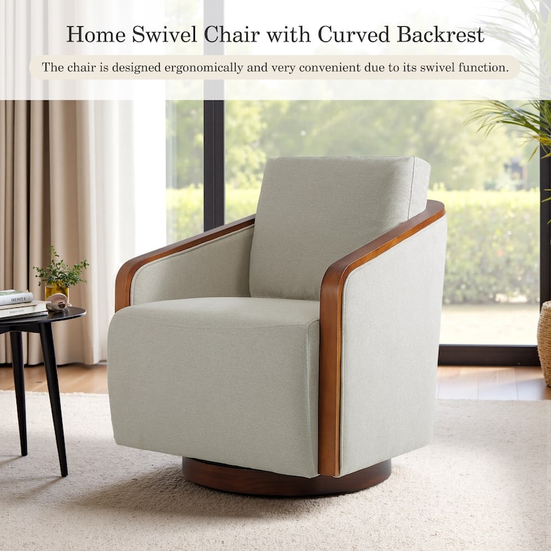Upholstered Swivel Barrel Chair with Curved Wood Arms