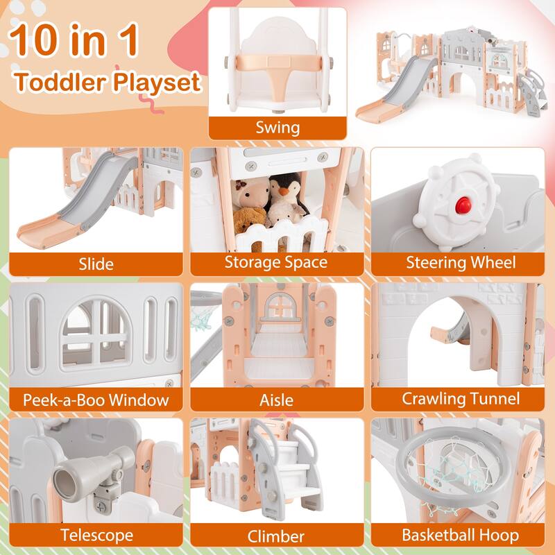 Gymax 10 in 1 Toddler Swing & Slide Set w/Basketball Hoop Telescope