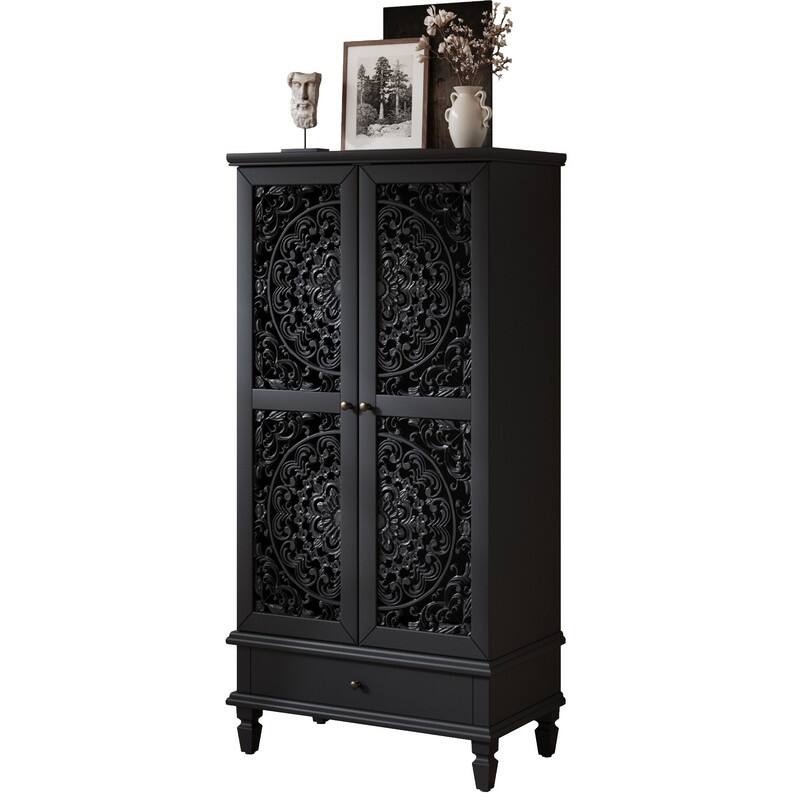 Rustic 55" Tall Storage Cabinet with Drawer, Decorative Carved Wood Accent for Living Room or Dining Area