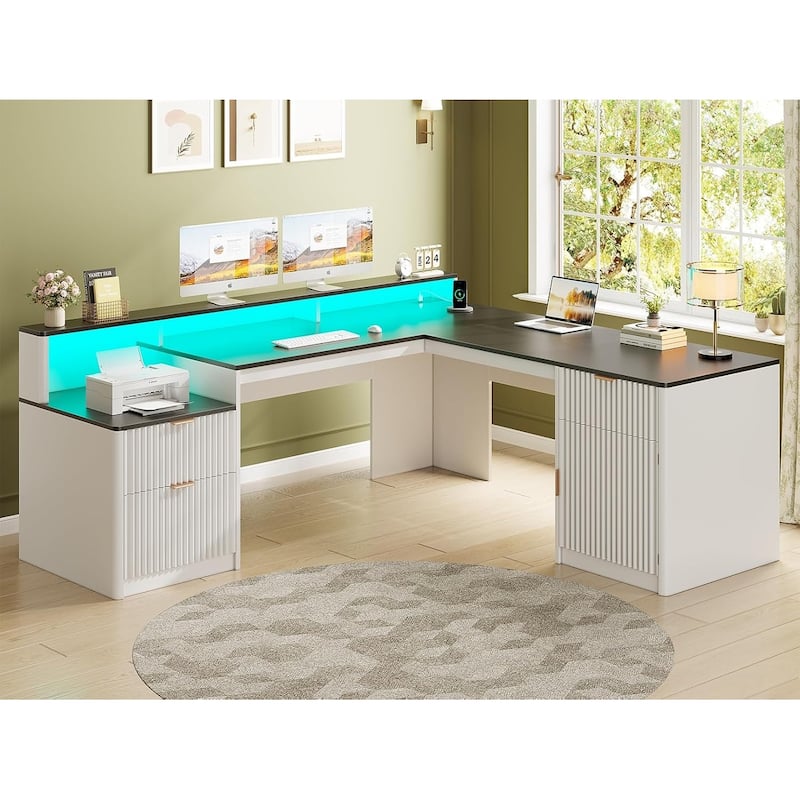 66" L Shaped Desk Drawers Home Office Desk File Cabinet Executive Desk - White