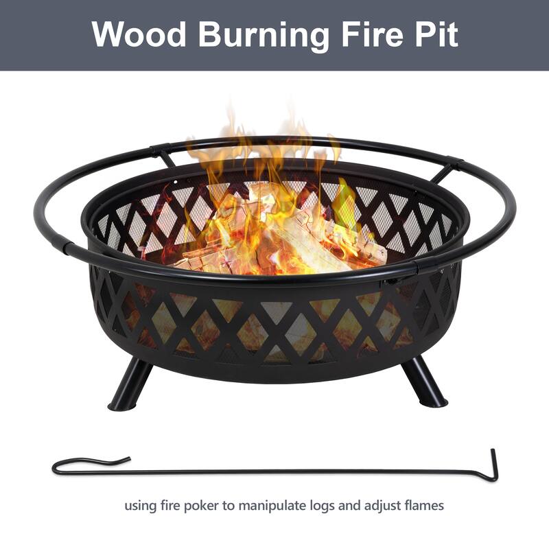 Black Cross Weave Large Round Steel Wood Burning Fire Pit with Spark Screen
