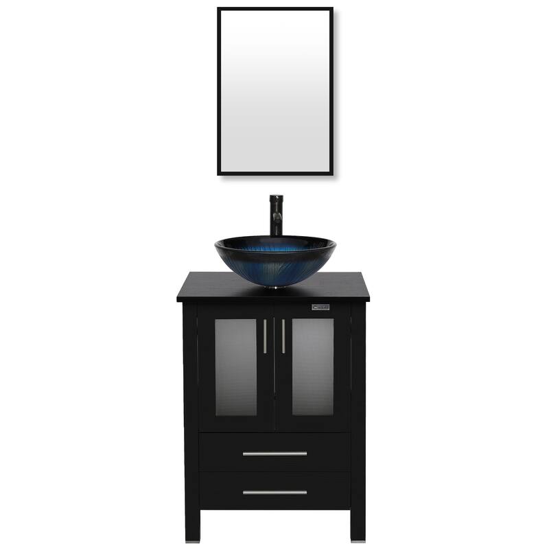eclife 24" Classical Bathroom Vanity Set with Tempered Glass Vessel Sink Oil Rubbed Bronze Faucet and Drain