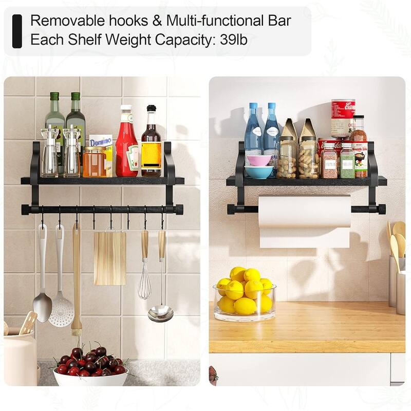 Floating Shelves for Coffee Bar,Bathroom Shelves with 8 Hooks - 7.3"D x 17.3"W x 8.27"H