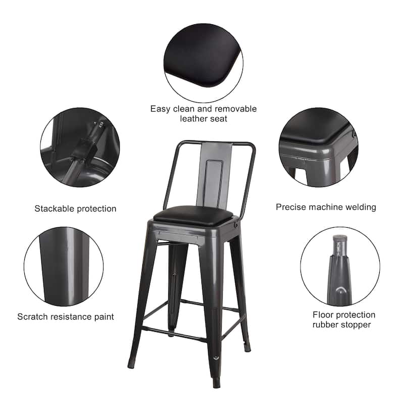 24" High Back Metal Stool with Leather Cushion-Set of 2