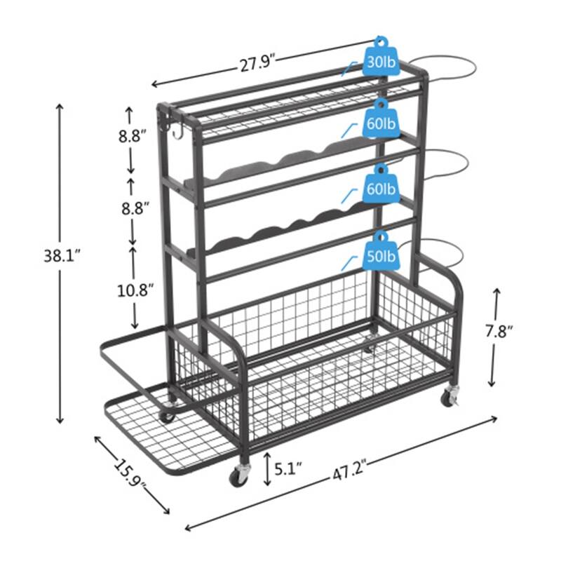 4-Tier Metal Basketball Sports Equipment Organizer with Rolling Wheels