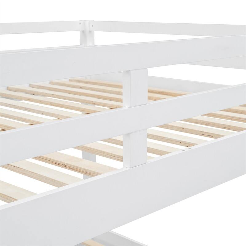 Queen Over Queen Size Bunk Bed with Trundle, Ladder and Guardrail, Wooden Bunk Bedframe with Wood Slats Support for Kids