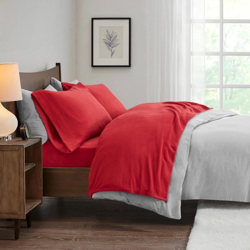 4pc Full Micro Fleece Deep Pocket Printed Sheet Set Red 82 x 96